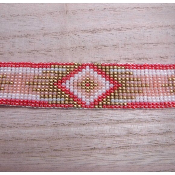 Loom Beaded Bracelet Pink, Peach and Gold - Picture 3 of 4